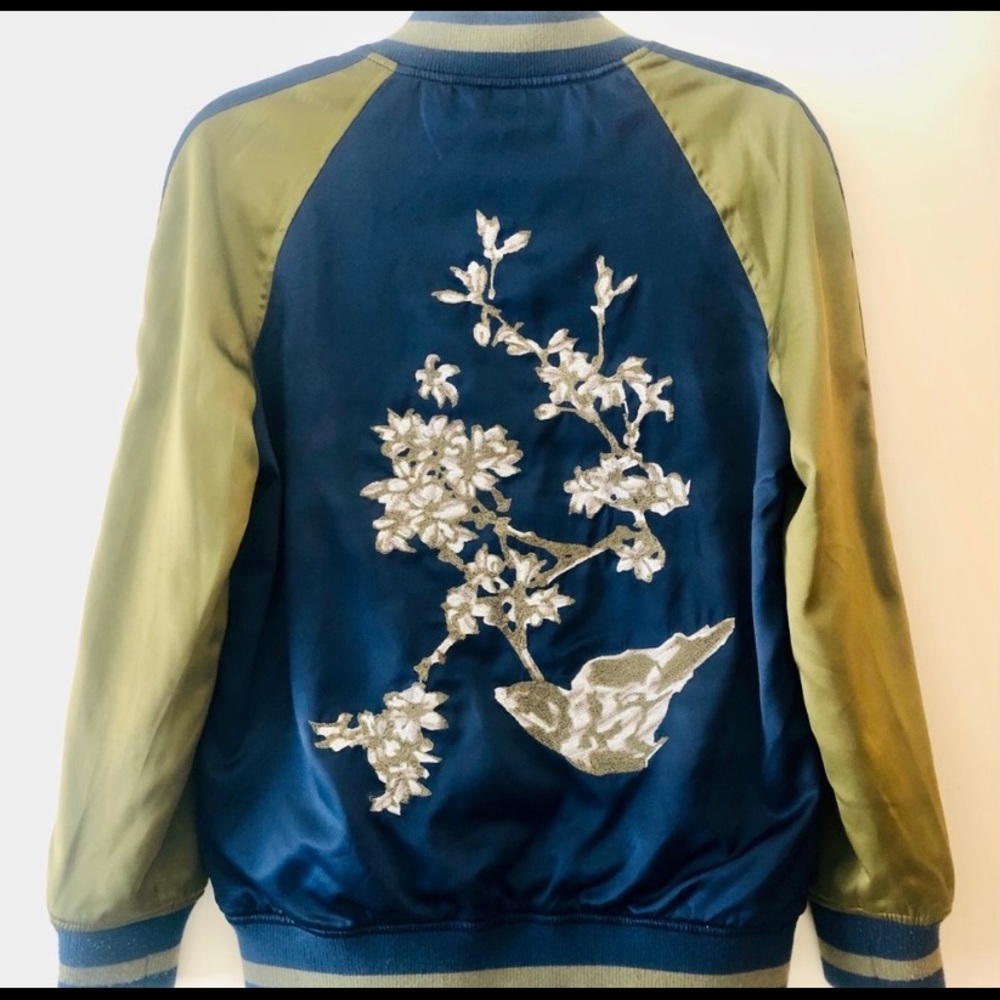 Green and Blue Groovy Monkey satin bomber jacket - Picture 3 of 4